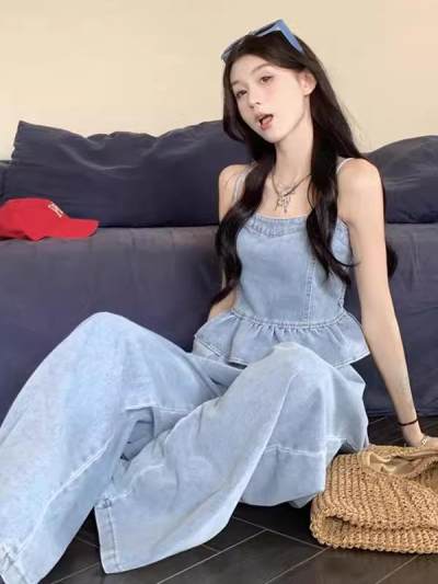Light Blue Denim Cami Pant Set
