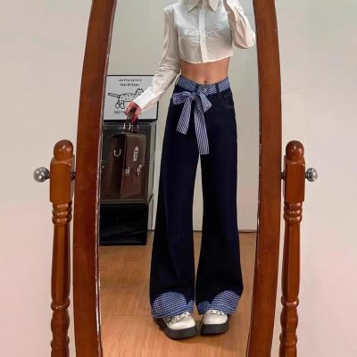 Women's Navy Wide-leg Denim Pants with Bow Belt