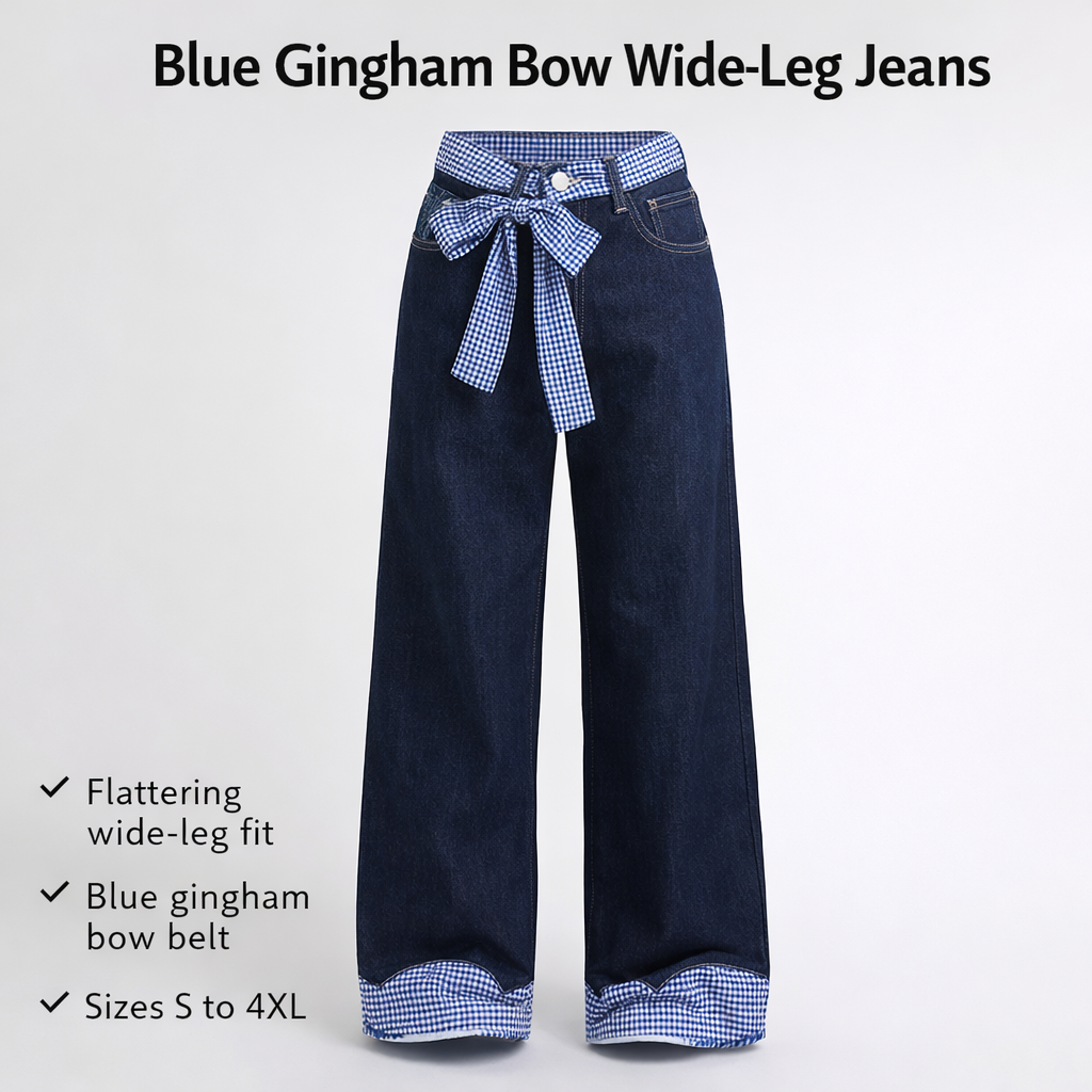 Women's Navy Wide-leg Denim Pants with Bow Belt