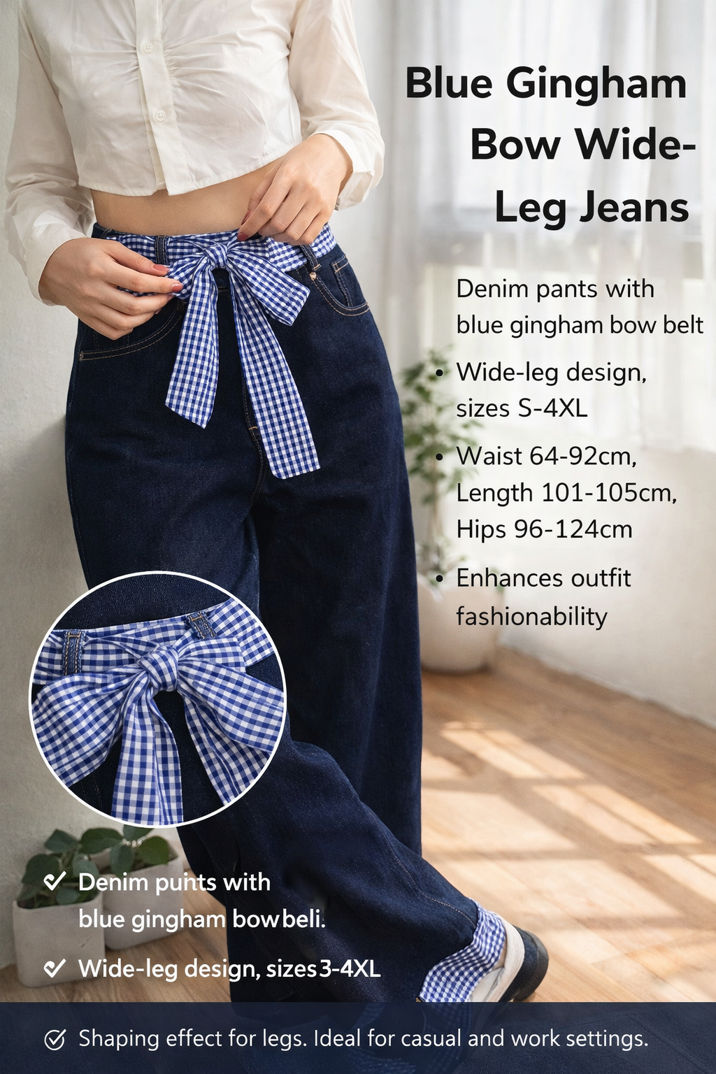 Women's Navy Wide-leg Denim Pants with Bow Belt