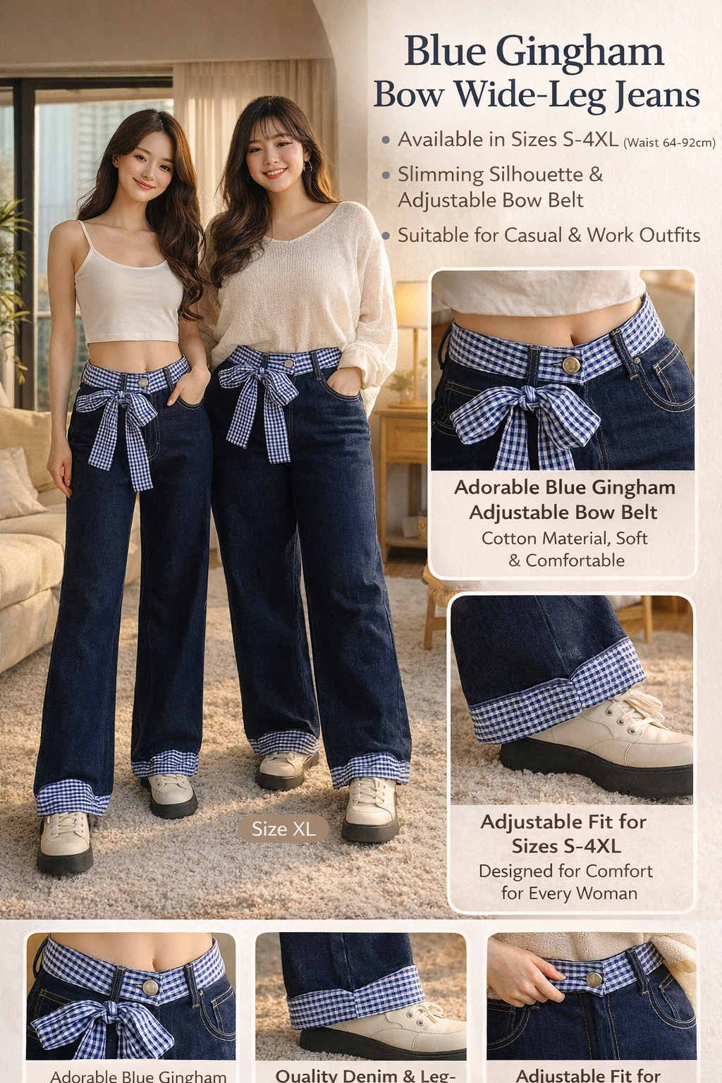 Women's Navy Wide-leg Denim Pants with Bow Belt