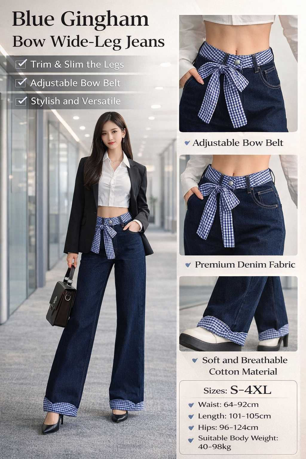 Women's Navy Wide-leg Denim Pants with Bow Belt