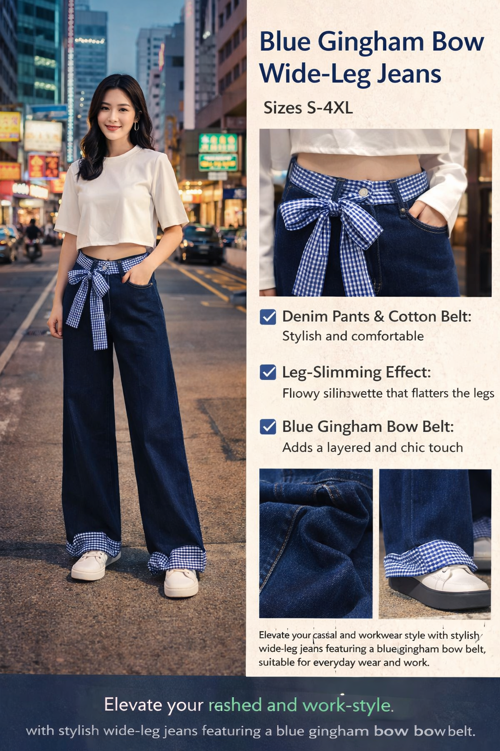 Women's Navy Wide-leg Denim Pants with Bow Belt