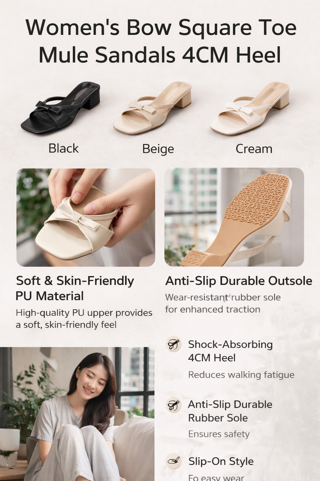 Women's 4CM Bow Mule Slides
