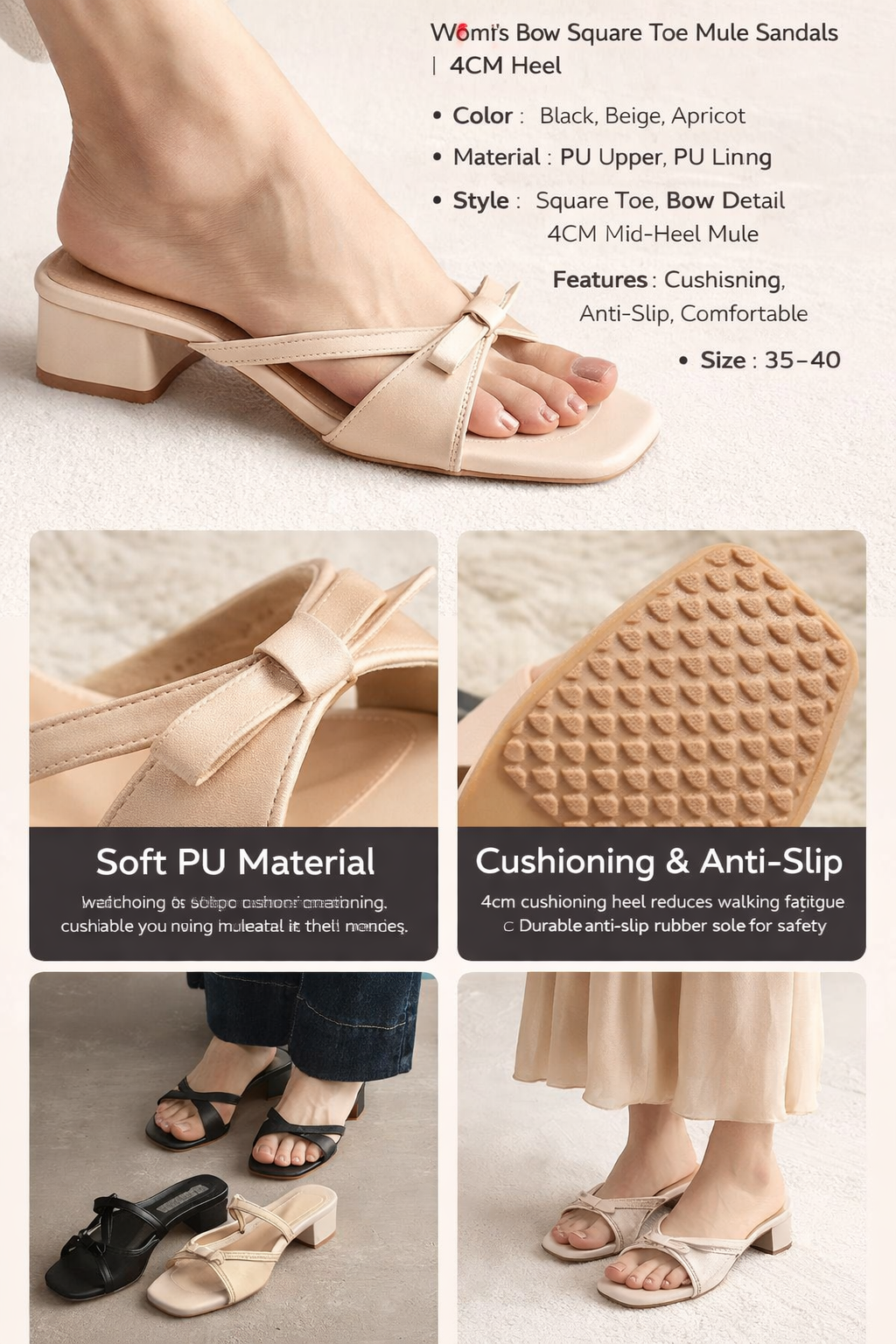 Women's 4CM Bow Mule Slides
