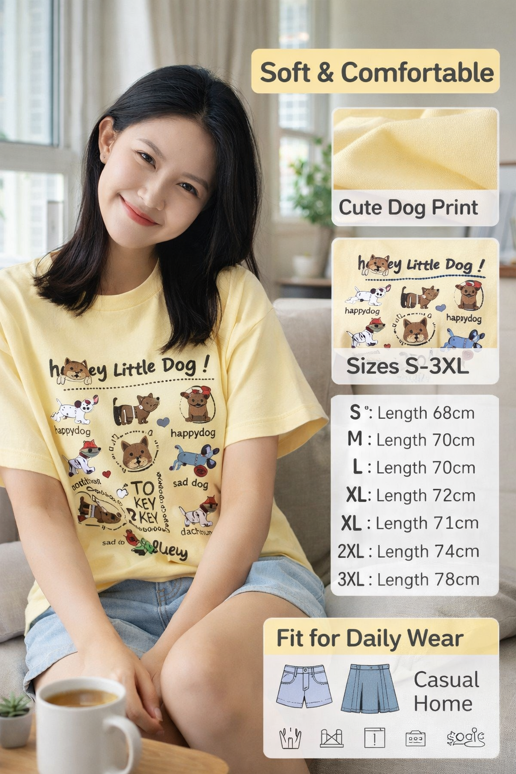 Yellow Cartoon Dog Short Tee