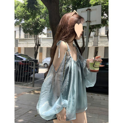 Light Blue Chiffon Off-shoulder Lantern Top