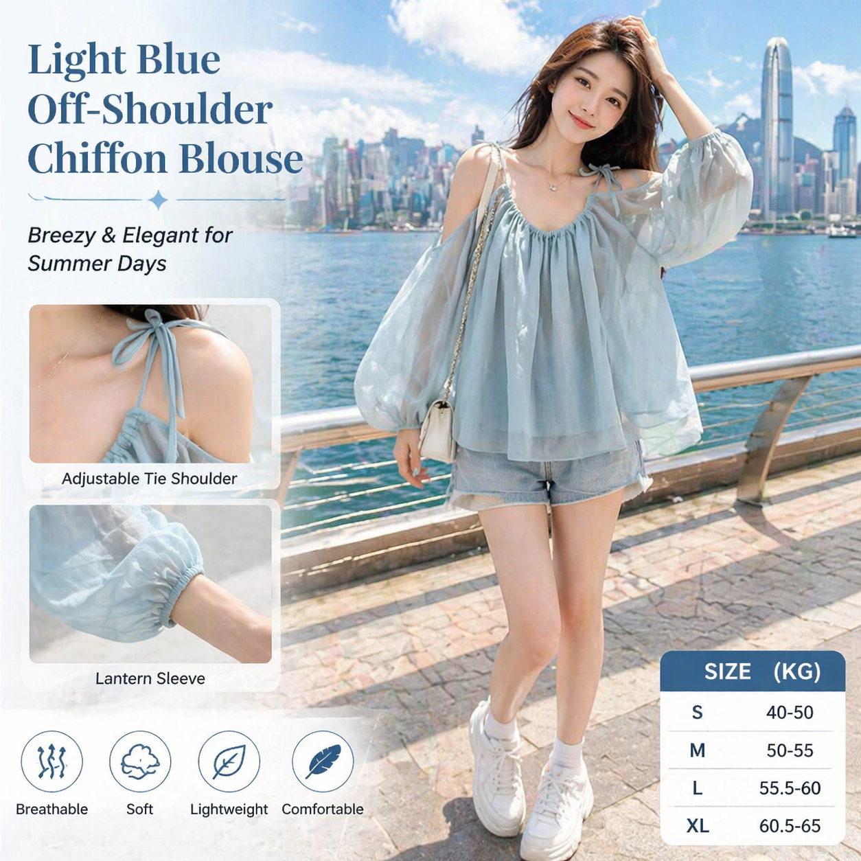 Light Blue Chiffon Off-shoulder Lantern Top