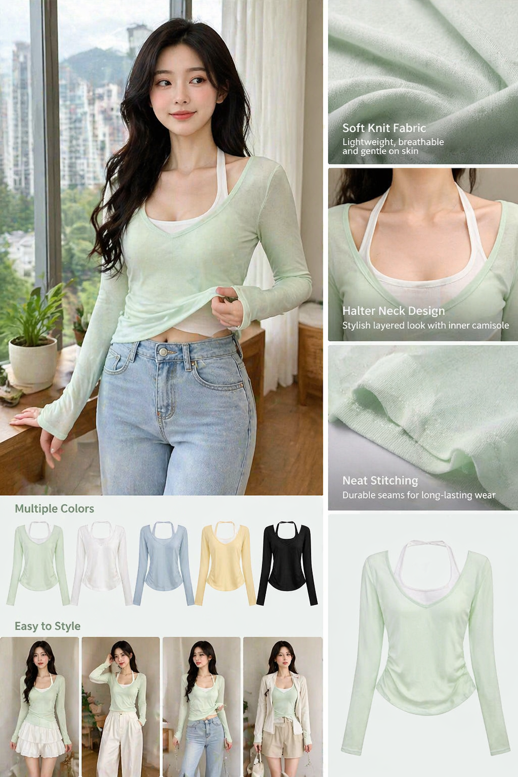 Women's Knitted Halter Neck Short Slim Top