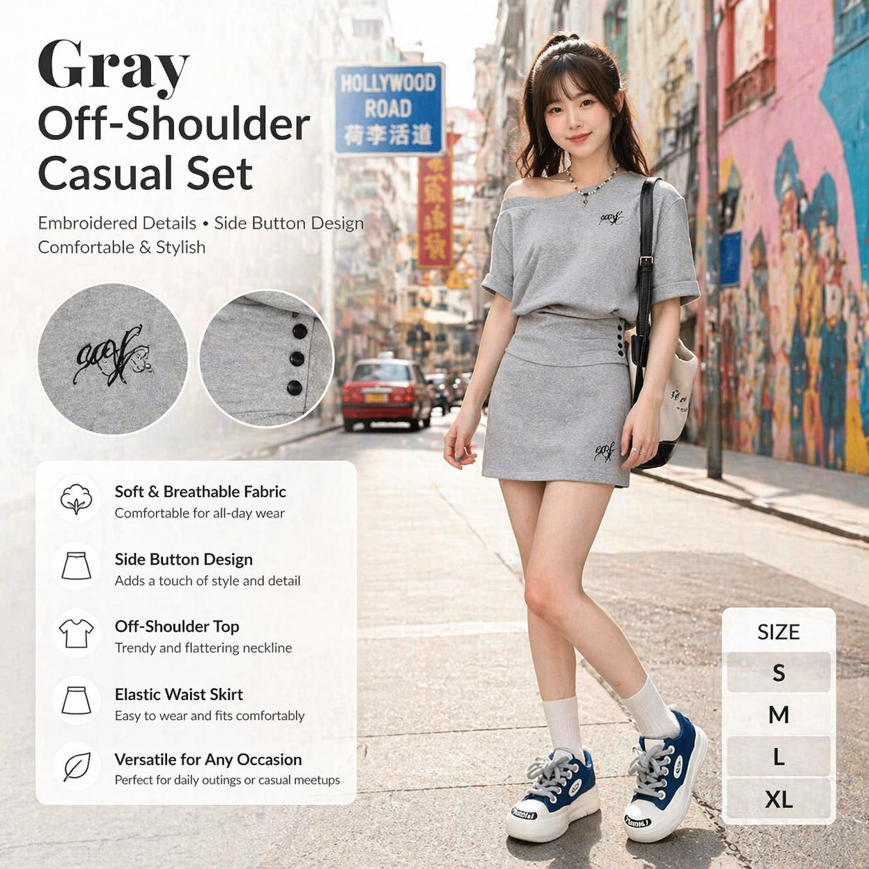 Gray Offshoulder 2pc Skirt Set