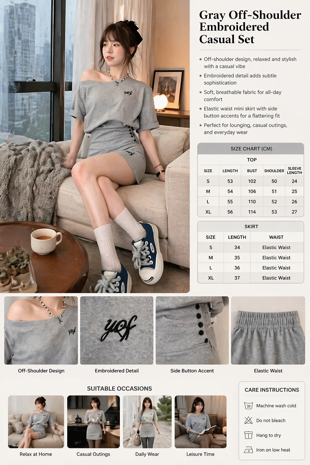 Gray Offshoulder 2pc Skirt Set
