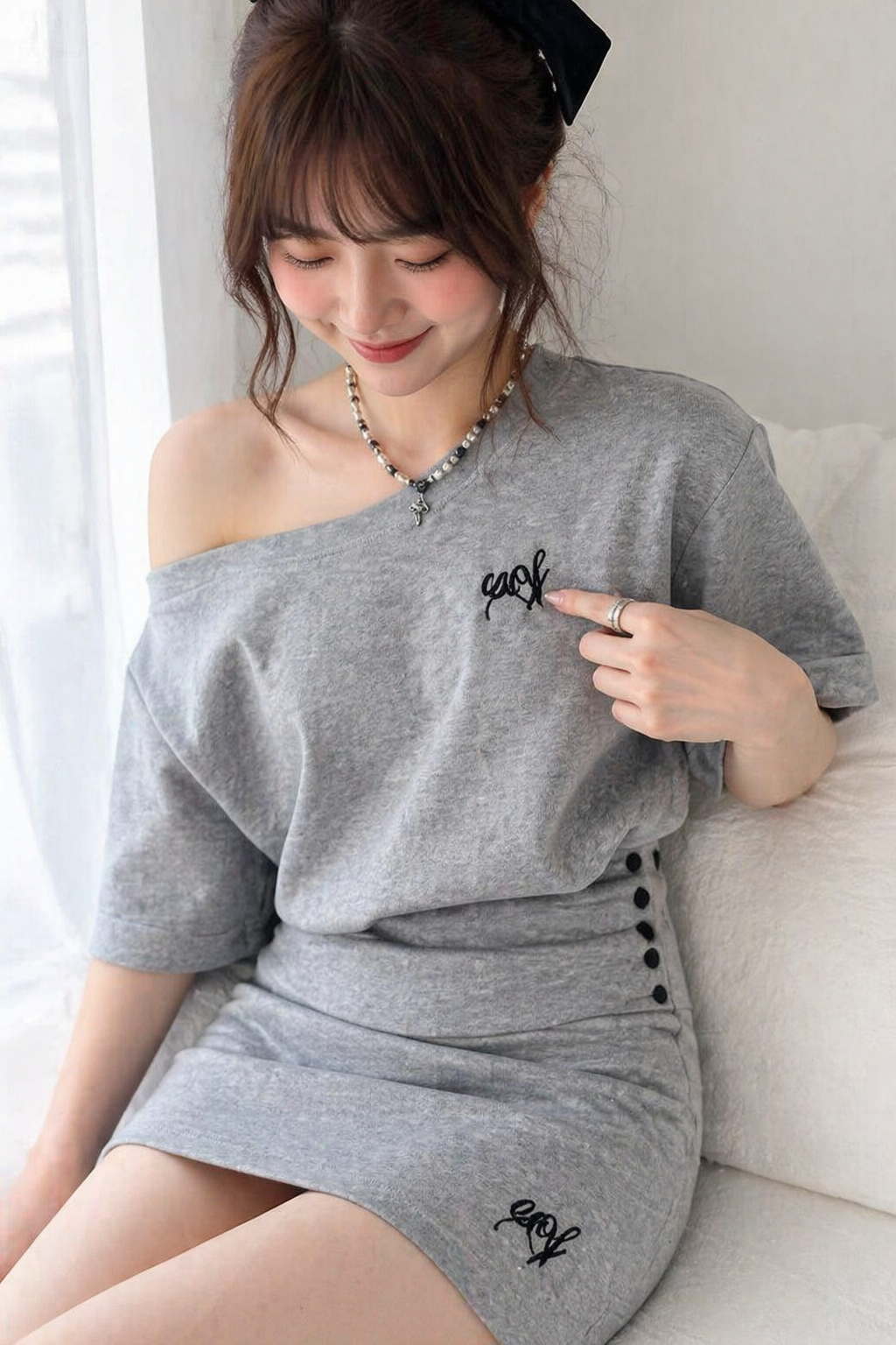 Gray Offshoulder 2pc Skirt Set