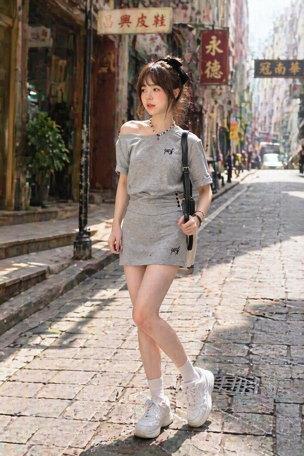 Gray Offshoulder 2pc Skirt Set