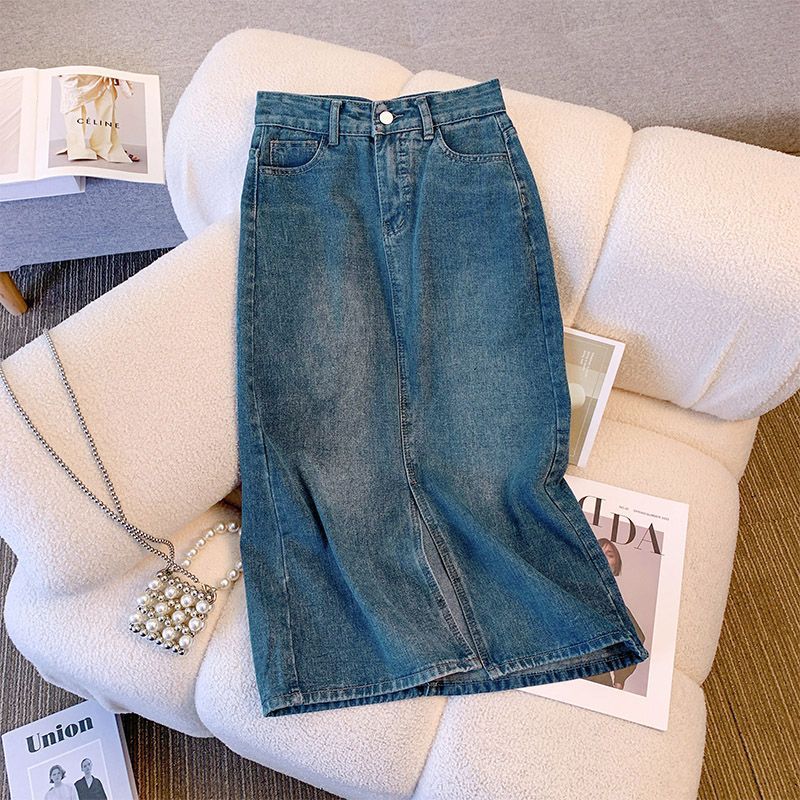 Women's Denim Midi Front Slit Skirt