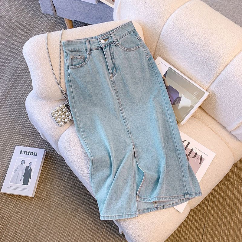 Women's Denim Midi Front Slit Skirt