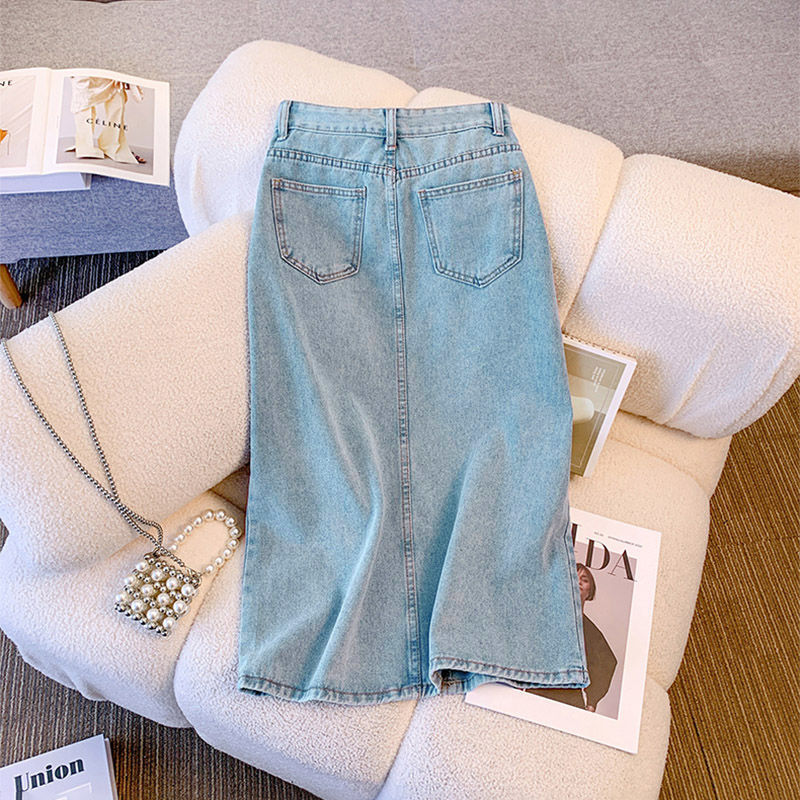 Women's Denim Midi Front Slit Skirt