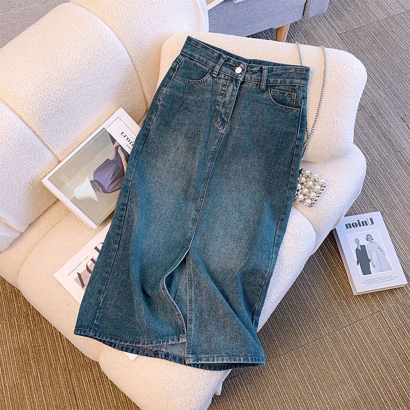Women's Denim Midi Front Slit Skirt