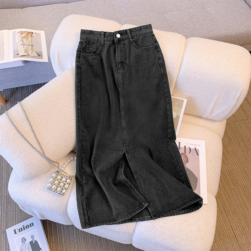 Women's Denim Midi Front Slit Skirt