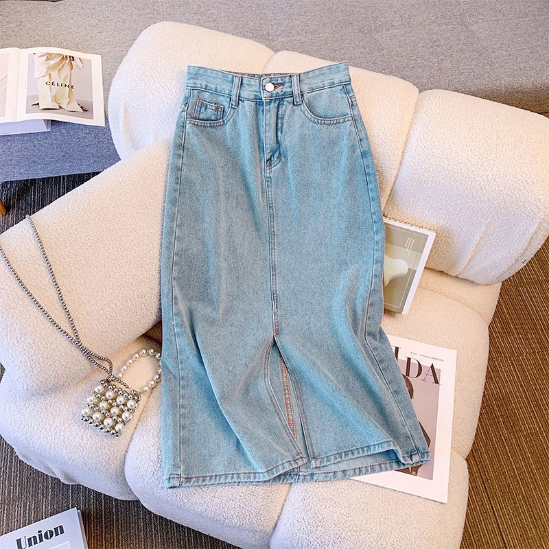 Women's Denim Midi Front Slit Skirt