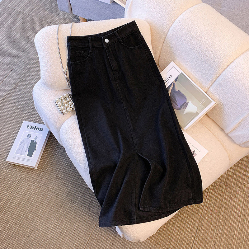Women's Denim Midi Front Slit Skirt