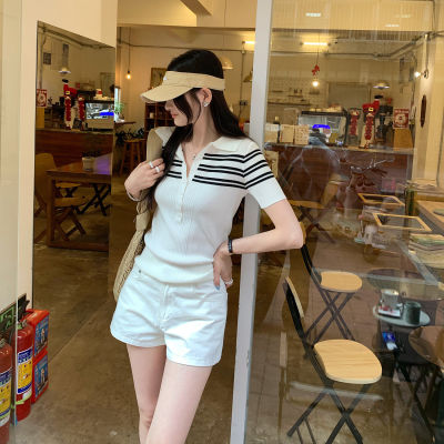 Women's Striped Polo Knit Top
