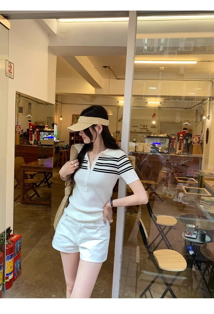 Women's Striped Polo Knit Top