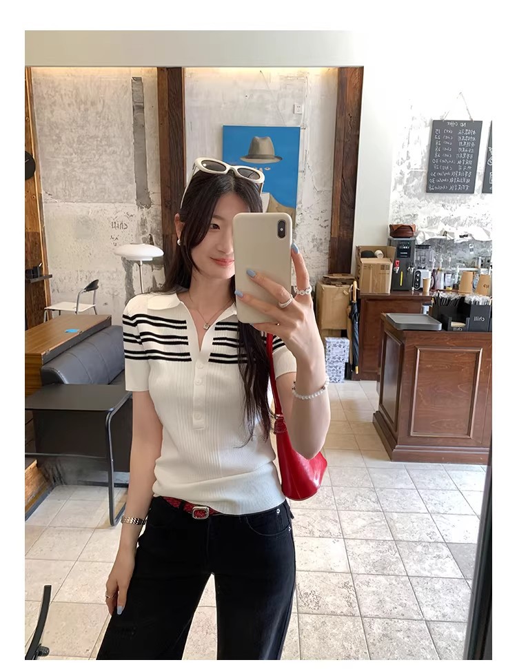 Women's Striped Polo Knit Top