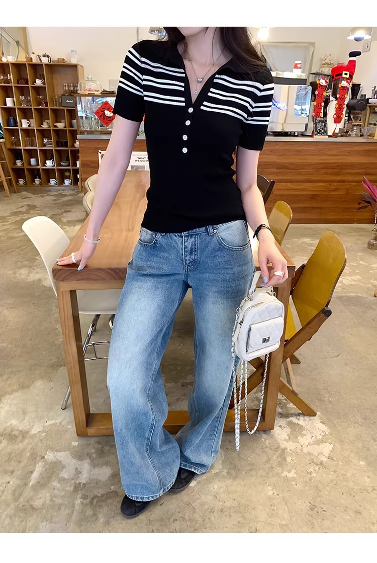 Women's Striped Polo Knit Top