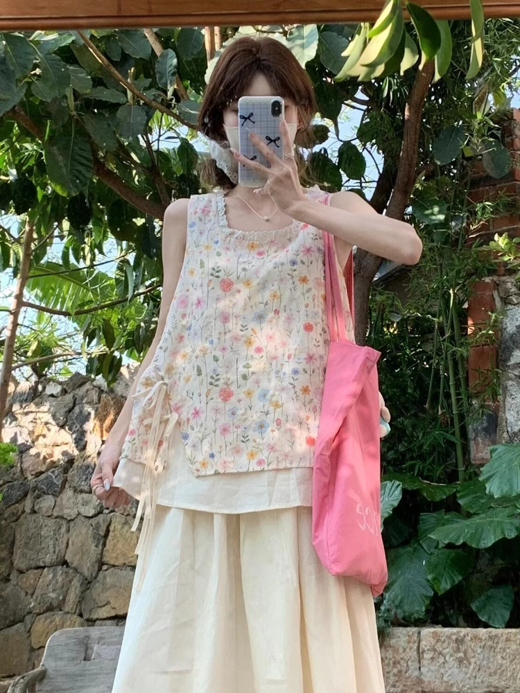 Korean Floral Skirt Vest Set