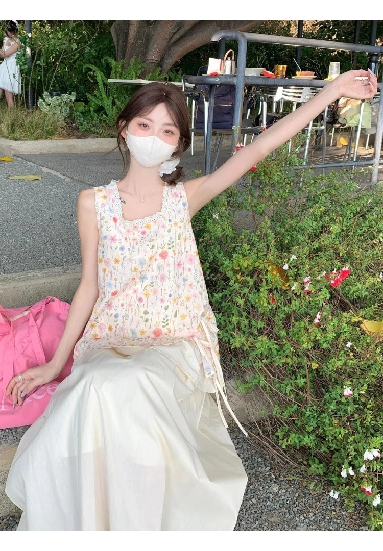 Korean Floral Skirt Vest Set