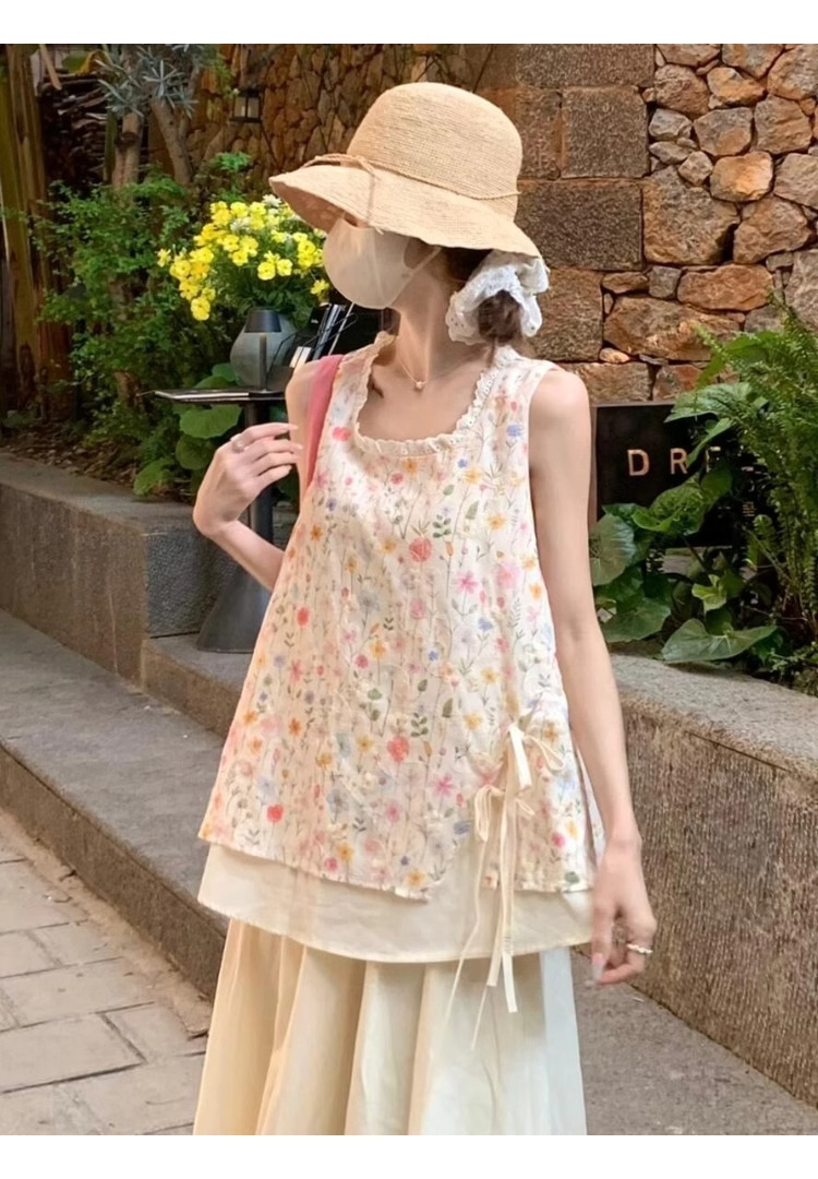 Korean Floral Skirt Vest Set