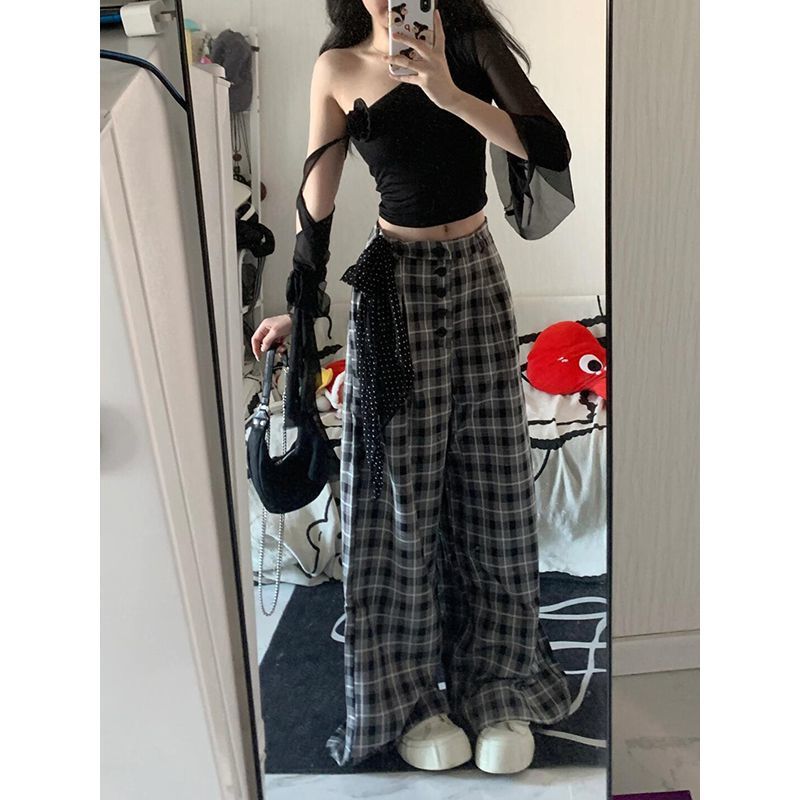 Retro Plaid Wide-leg Pants