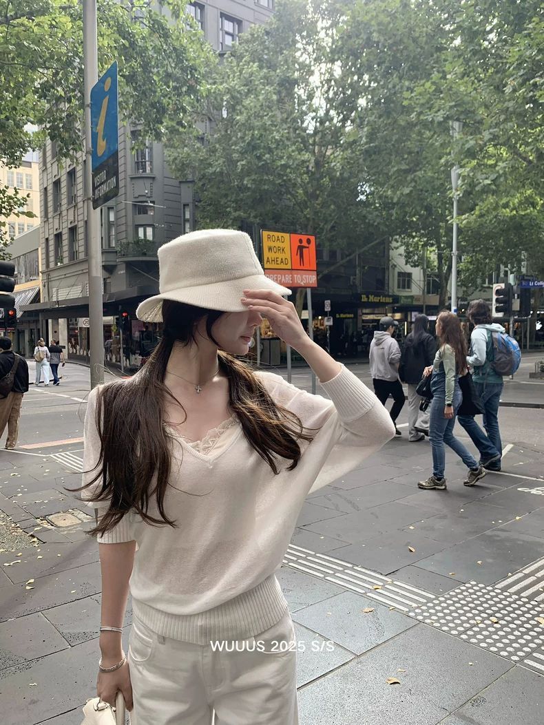 3/4 Sleeve V-neck Knit Sun Protection Women's Top