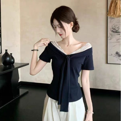 V-neck Lace Bowknot Summer Tee
