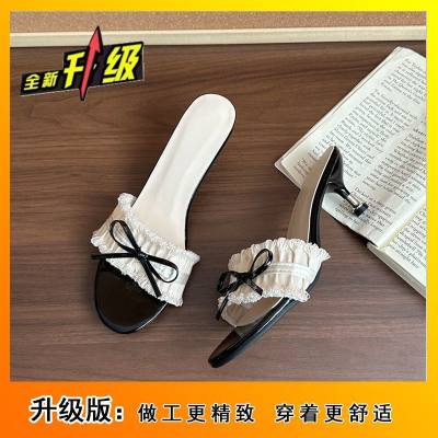 Beige Women's Bow Heel Slides