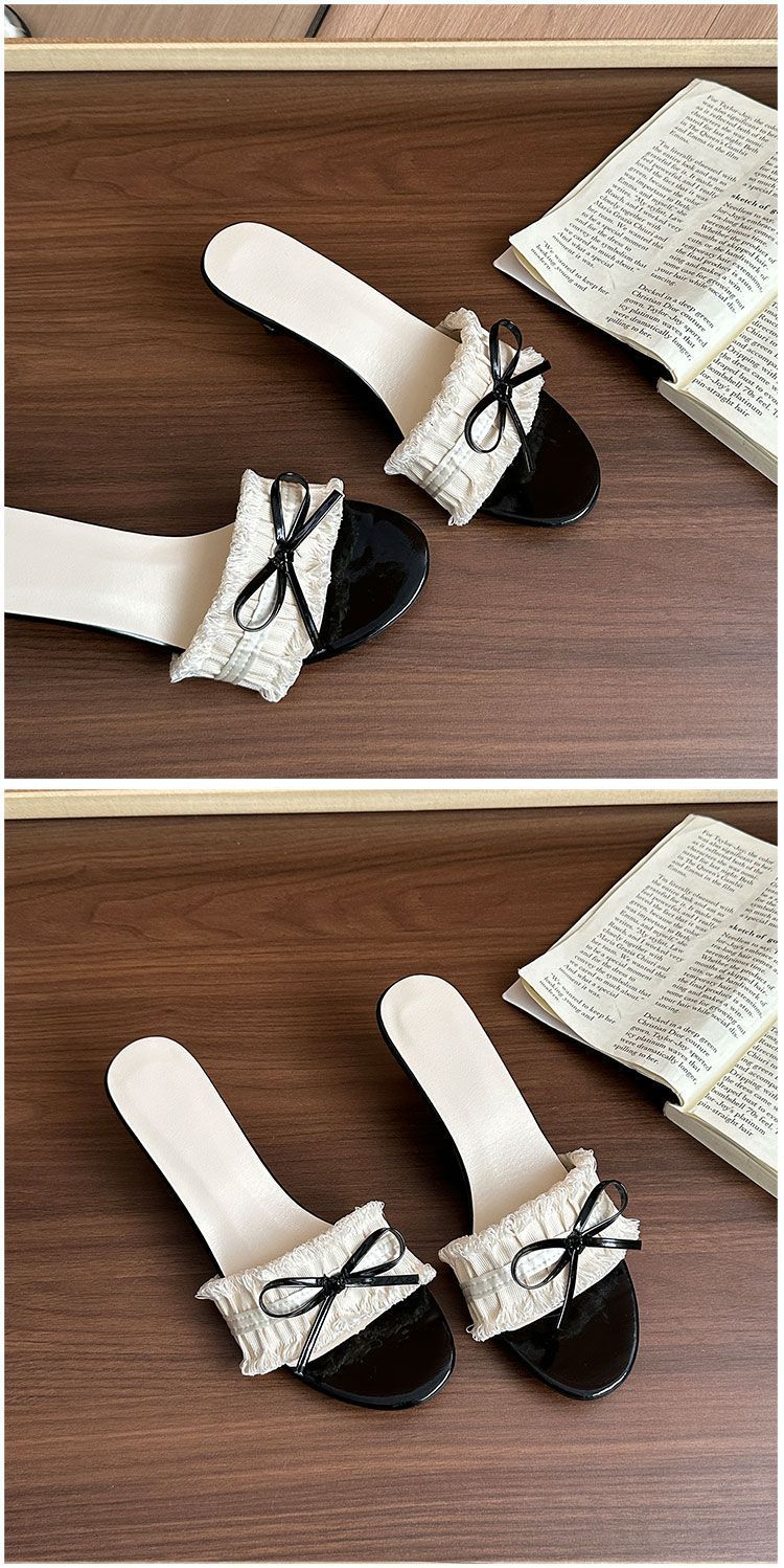 Beige Women's Bow Heel Slides