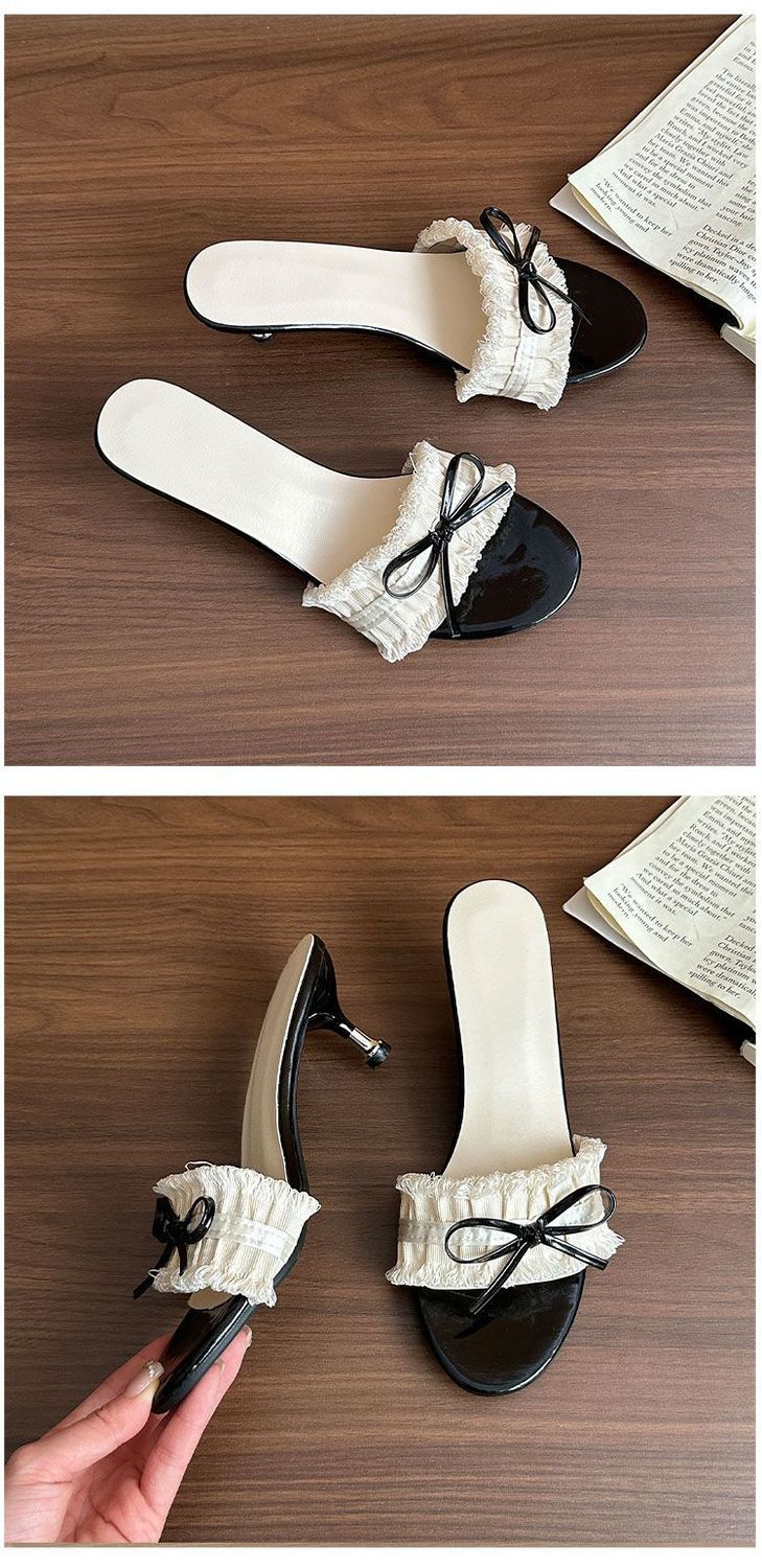 Beige Women's Bow Heel Slides