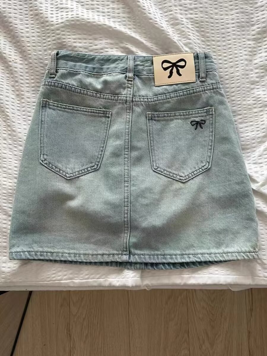 High Waist A-line Embroidered Bow Denim Skirt