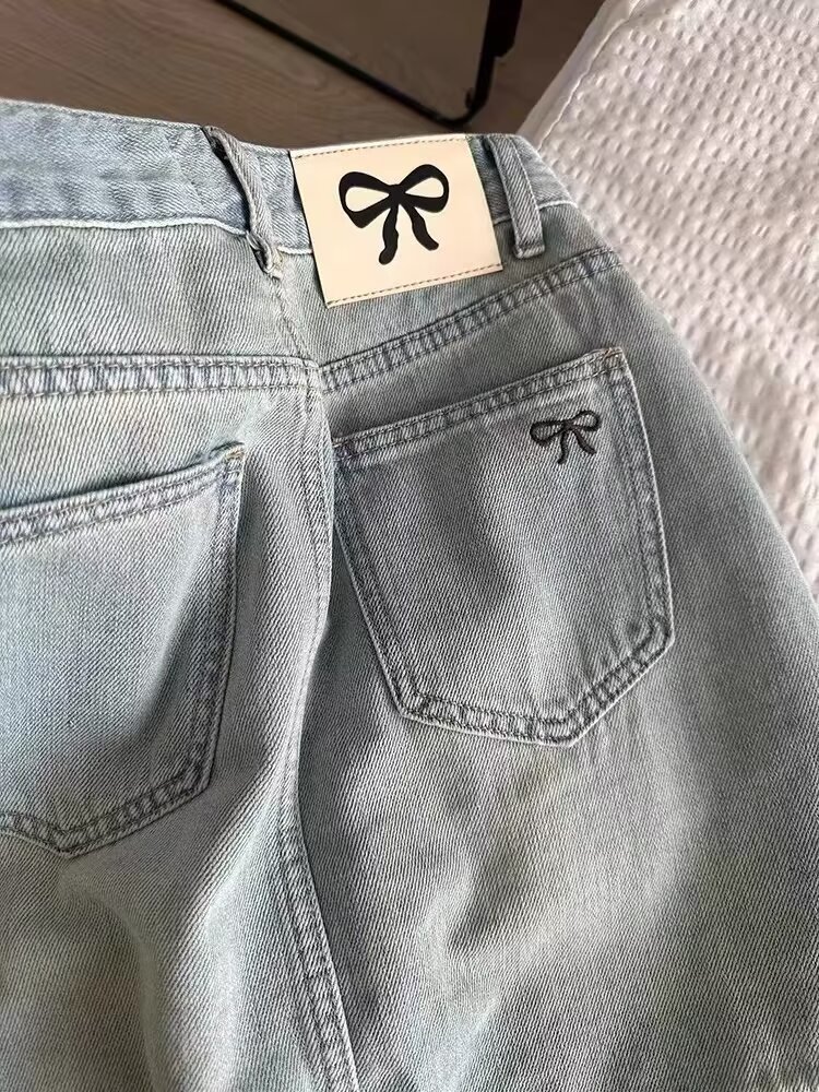 High Waist A-line Embroidered Bow Denim Skirt