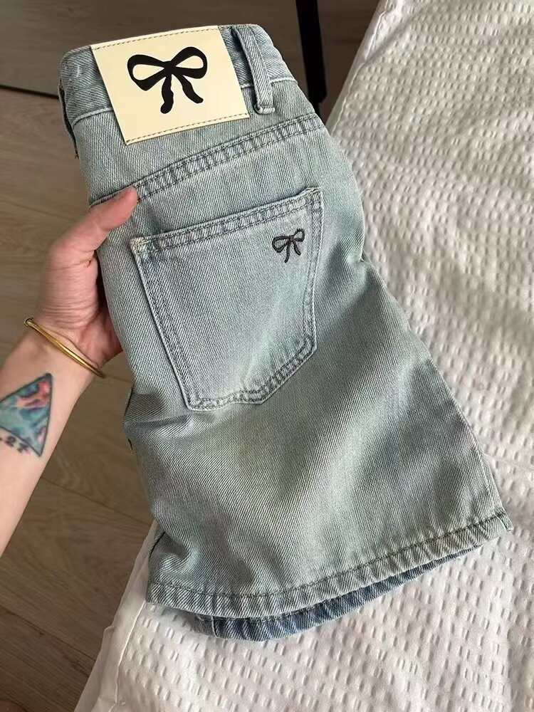 High Waist A-line Embroidered Bow Denim Skirt