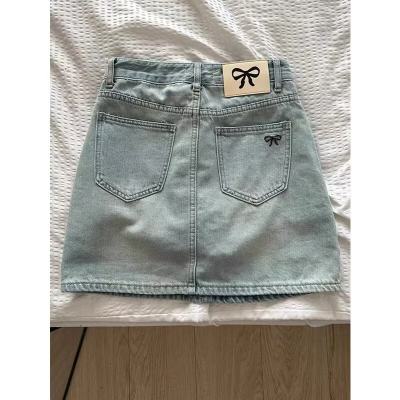 High Waist A-line Embroidered Bow Denim Skirt