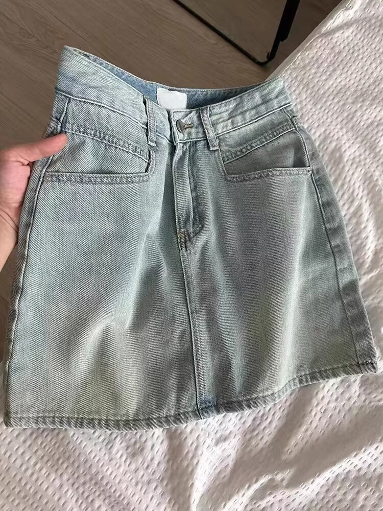 High Waist A-line Embroidered Bow Denim Skirt
