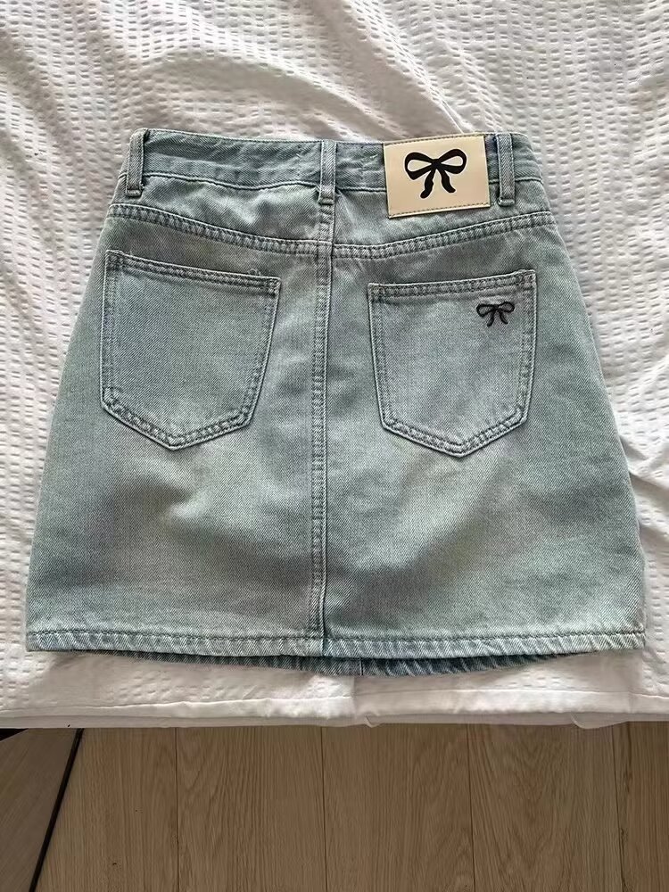 High Waist A-line Embroidered Bow Denim Skirt