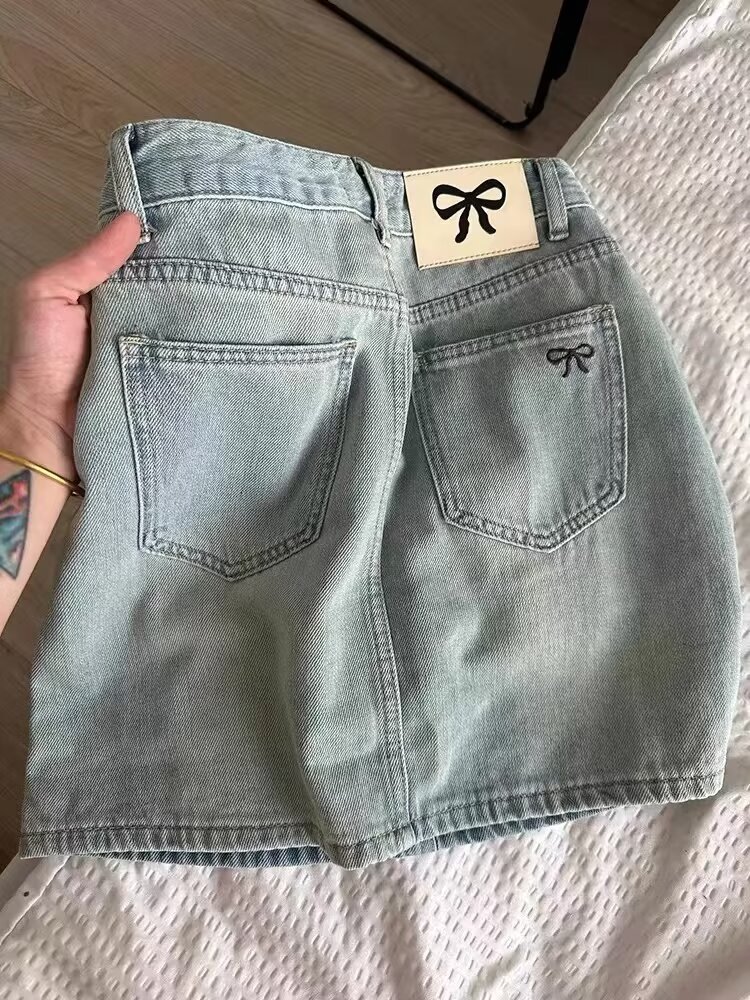 High Waist A-line Embroidered Bow Denim Skirt