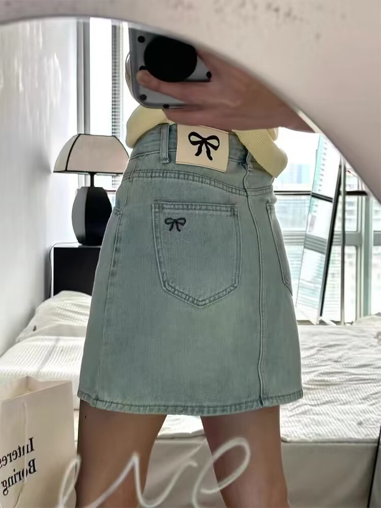 High Waist A-line Embroidered Bow Denim Skirt