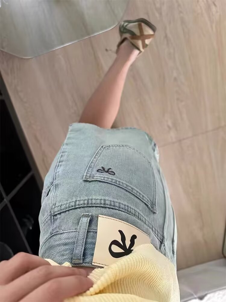 High Waist A-line Embroidered Bow Denim Skirt