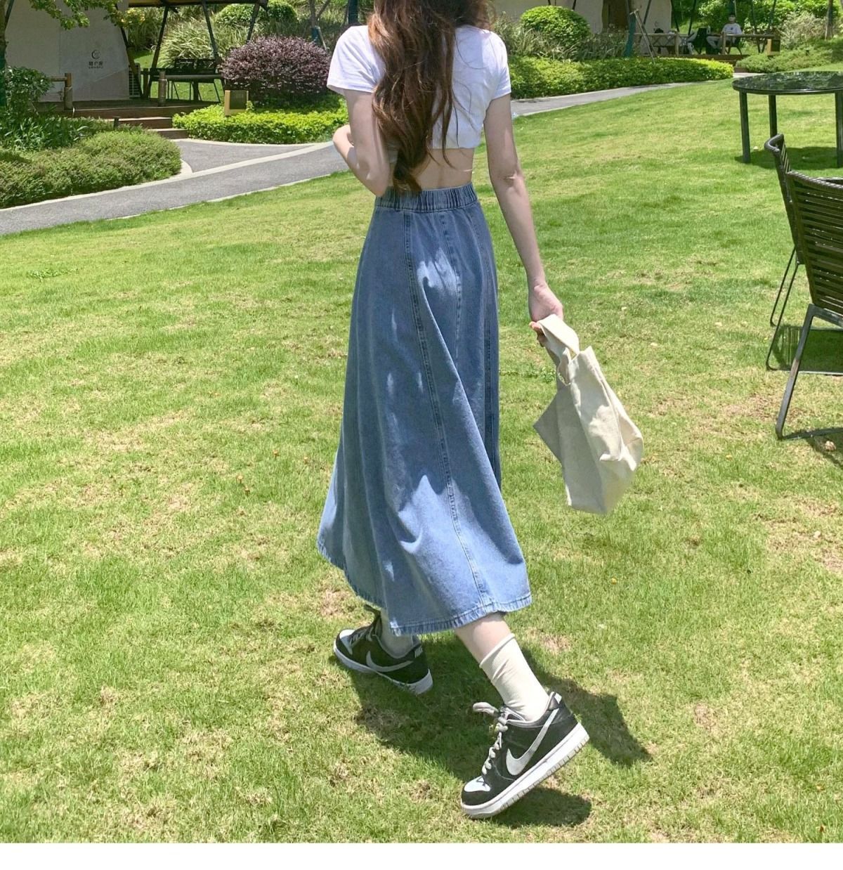 High Waist Denim A-Line Skirt