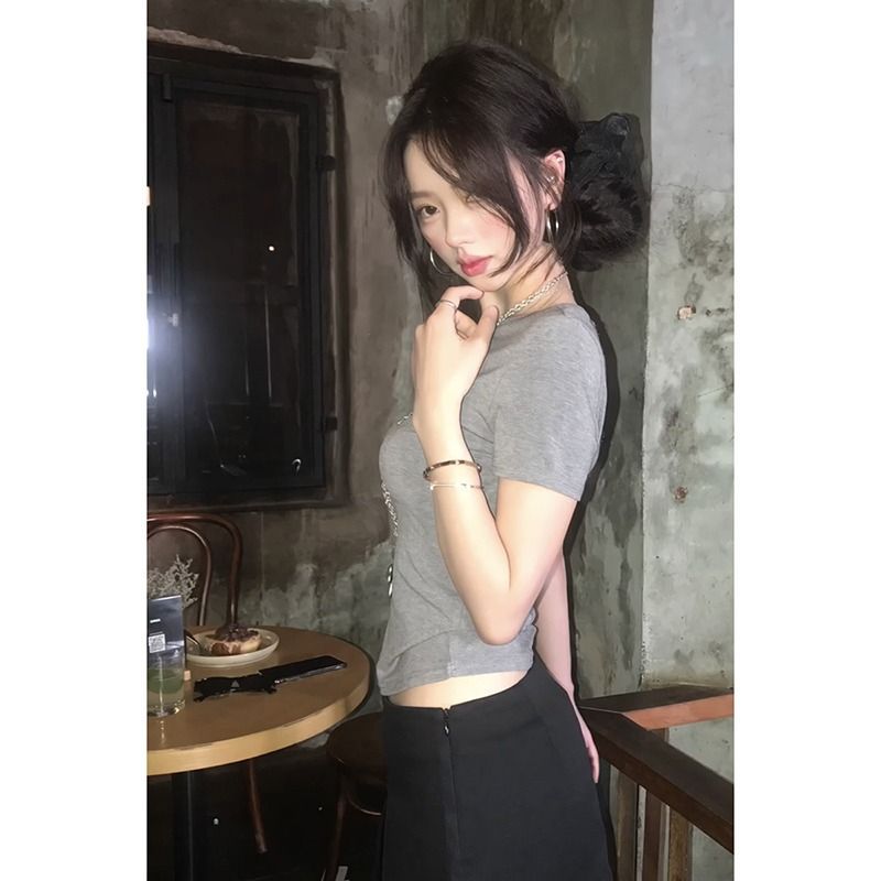 Grey Backless Lace Short Tee