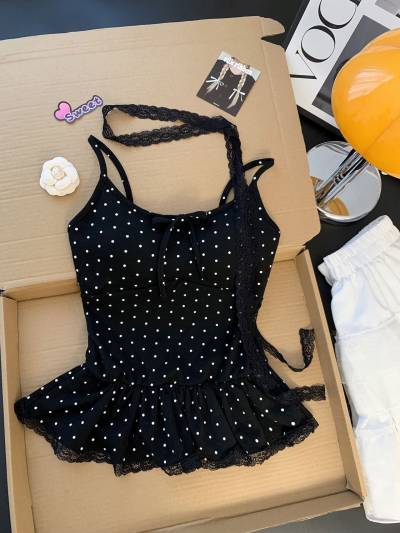 Polka Dot Lace Cami Top with Built-in Bra