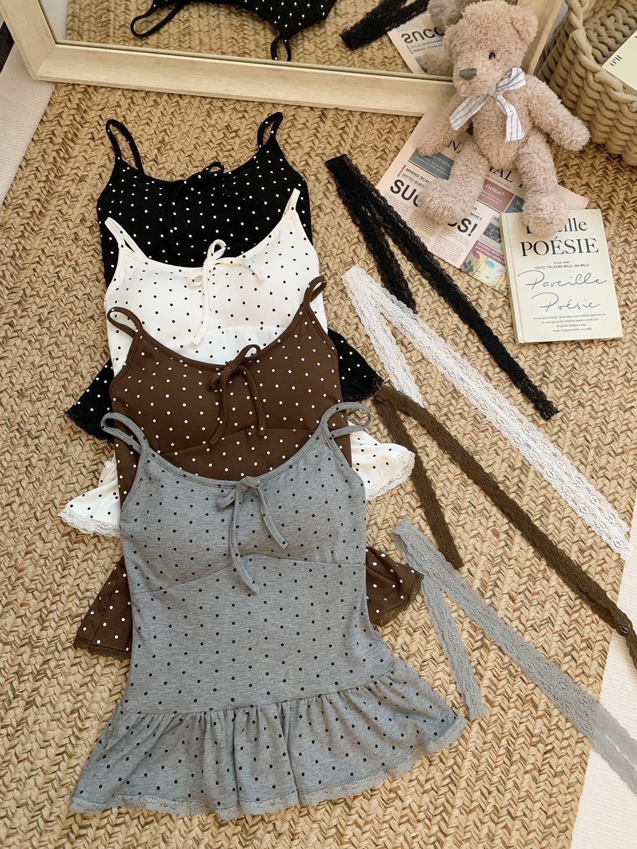 Polka Dot Lace Cami Top with Built-in Bra